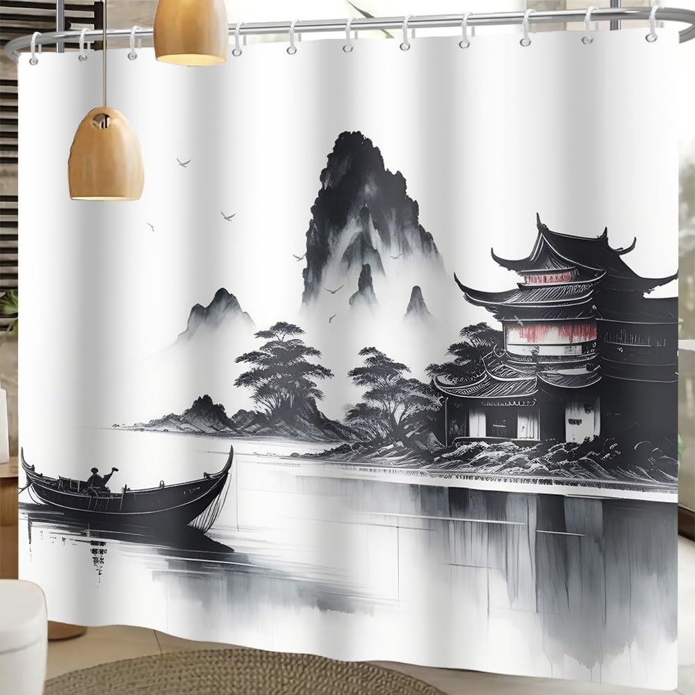 Xiaoterna Traditional Japanese Painting Shower Curtain Japanese Building Asian Ink Painting Shower Curtain Foggy Mountain Boat Wild Goose Outdoor Natural Scenery Bathroom Curtain 240x180cm - Image 3