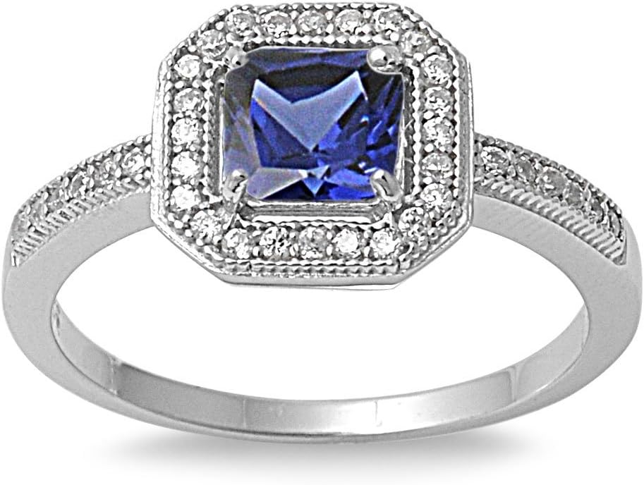 SILVERCLOSEOUT Sterling Silver Square Simulated Sapphire Halo Ring (Size 4-9)
