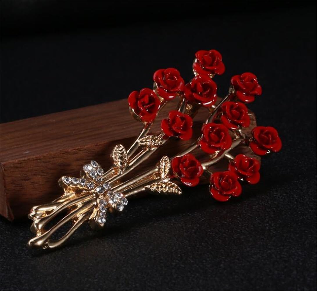 Elegant Rose Bouquet Brooch With Red Rhinestone Flowers - Image 6