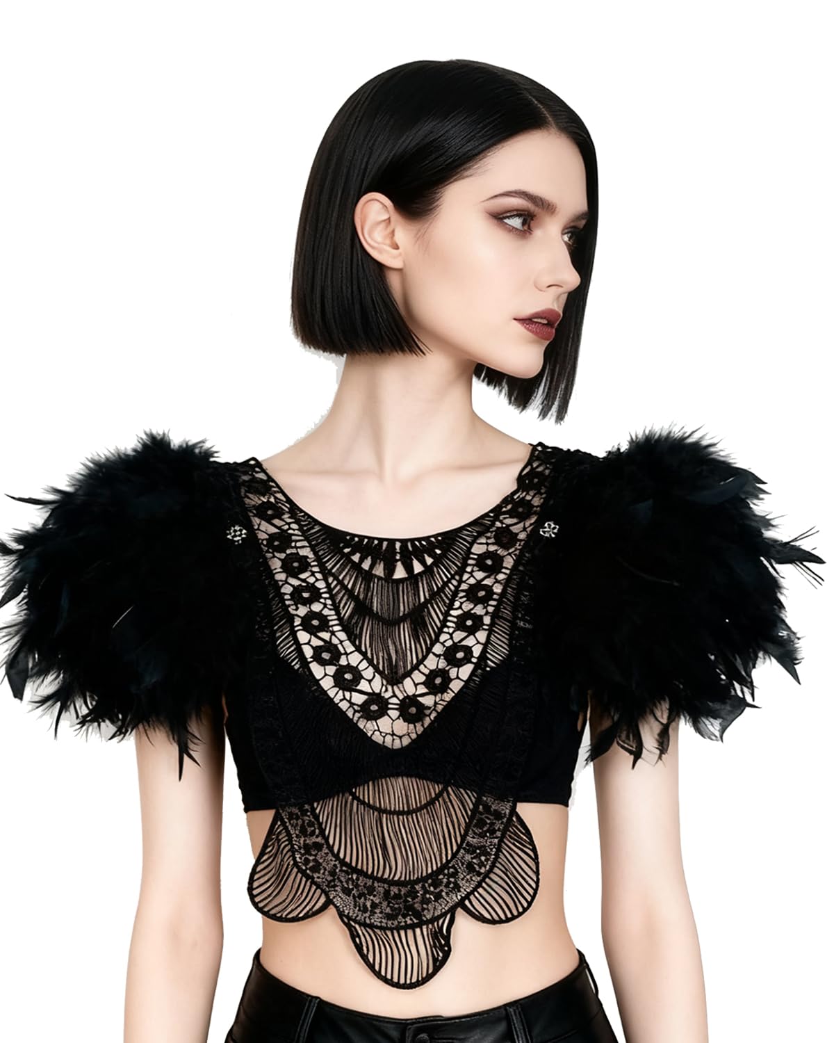 L'VOW Gothic Women Poncho Collar Natural Feather Short Cape Lace Epaulet Shoulder Shrug Wings Halloween Costume
