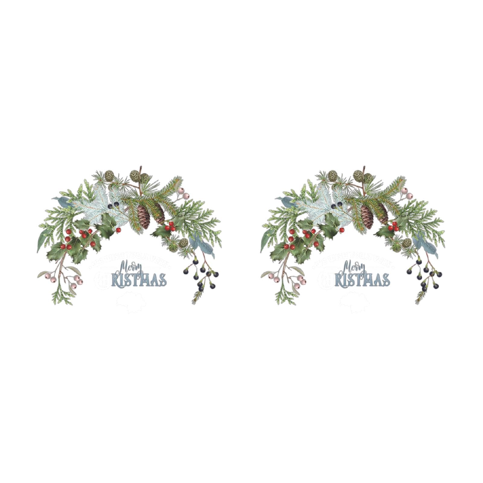Klaisy Green Merry Christmas Wall Stickers Pine Cones Branches Berries Window Clings Glass Door Posters Decor Decal Stickers