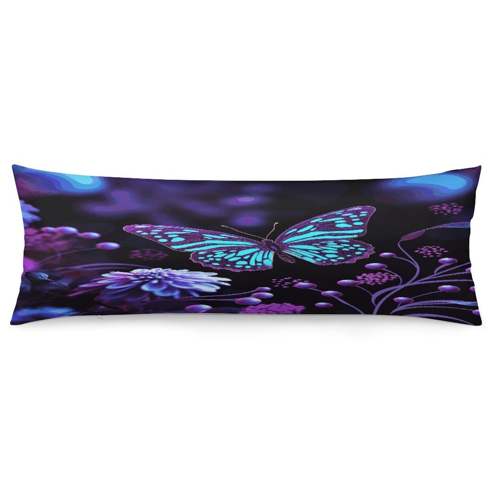 Purple Butterfly and Flowers Pillowcase Decorative Long Body Pillow Case Soft Breathable Body Pillow Cover Modern Large Pillowcase Cute Body Pillow Pillowcases for Bedroom Couch 18.9 X 53 Inch