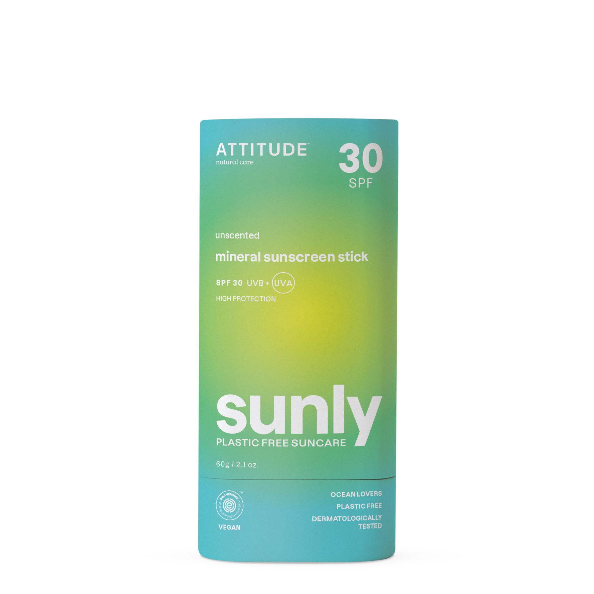 ATTITUDE Crème Solaire Minérale Solide, pour Corps et Visage, SPF 30, EWG Verified, Protection Large Spectre UVA/UVB avec Oxyde de Zinc, Testé Dermatologiquement, Végan, Sans Parfum, 60 g