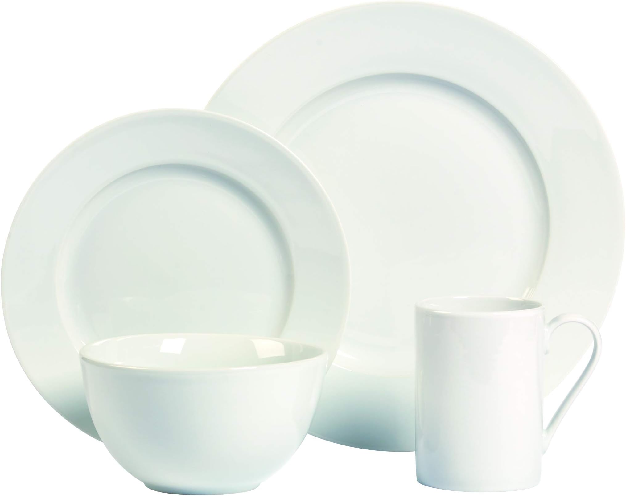 Tabletops Gallery White Dinnerware Set with Plate, Salad Plate, Cereal Bowl, and Mug (Service for 4), Soleil White Round Rim 16 Piece Dinnerware Set
