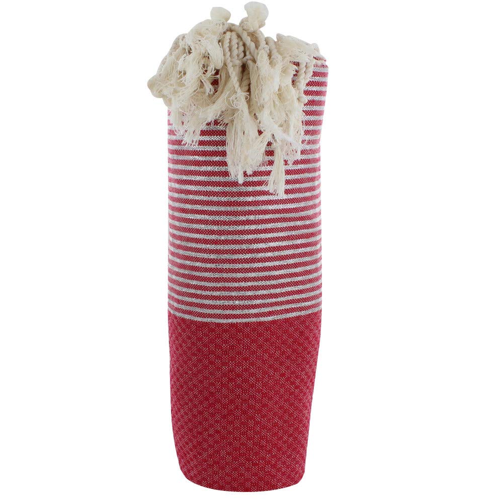 LES POULETTES BIJOUX - Towel Cotton Fouta Hammam or Beach Honeycomb Dark Red Color Silver Lurex Stripes 100 x 200 cm