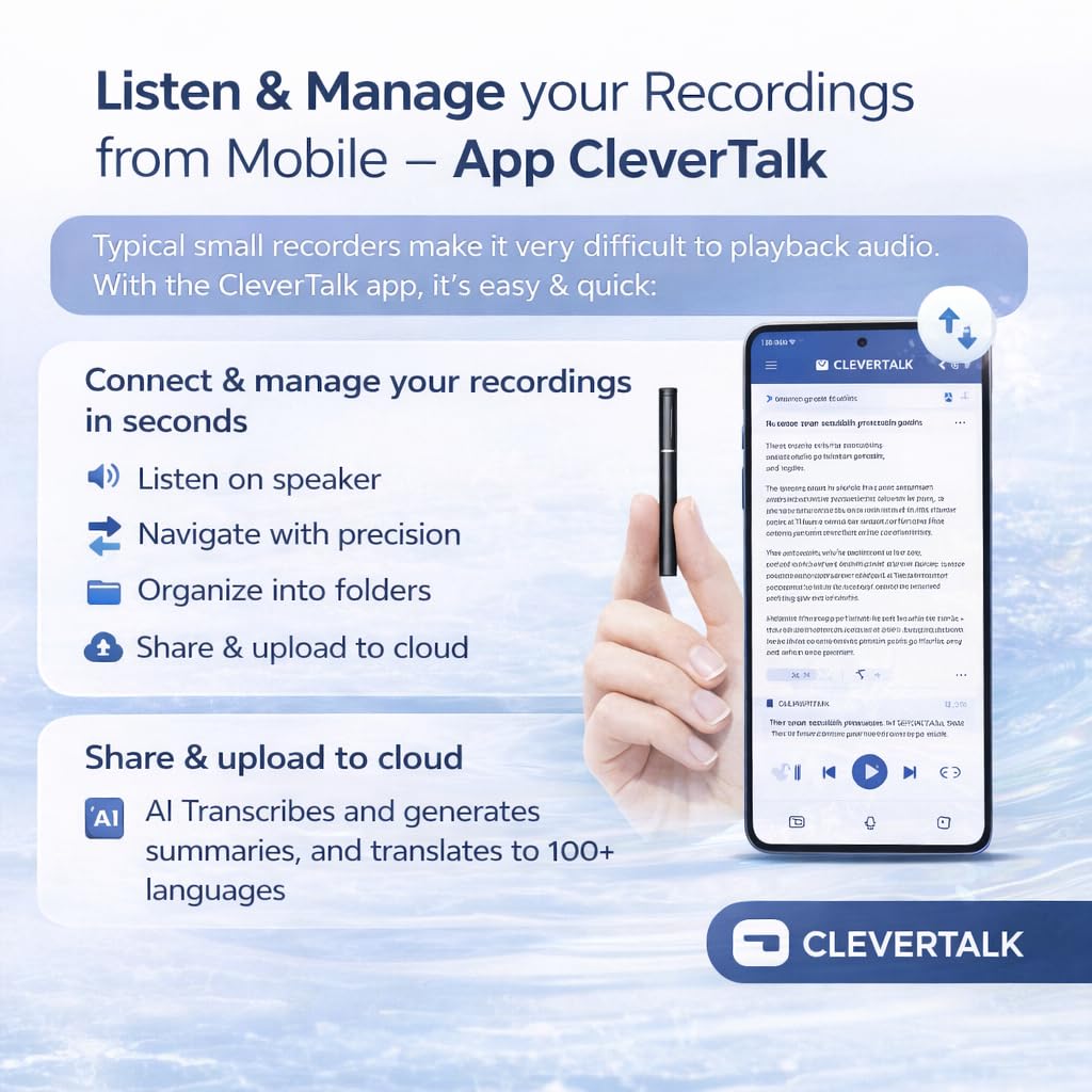 CleverTalk Q1 Grabadora de Voz con IA | Activada por Voz | App Móvil, Mac, Windows y Web | Cloud Europea GDPR | 64GB | Audio HD 1536kbps | USB-C (64, GB)