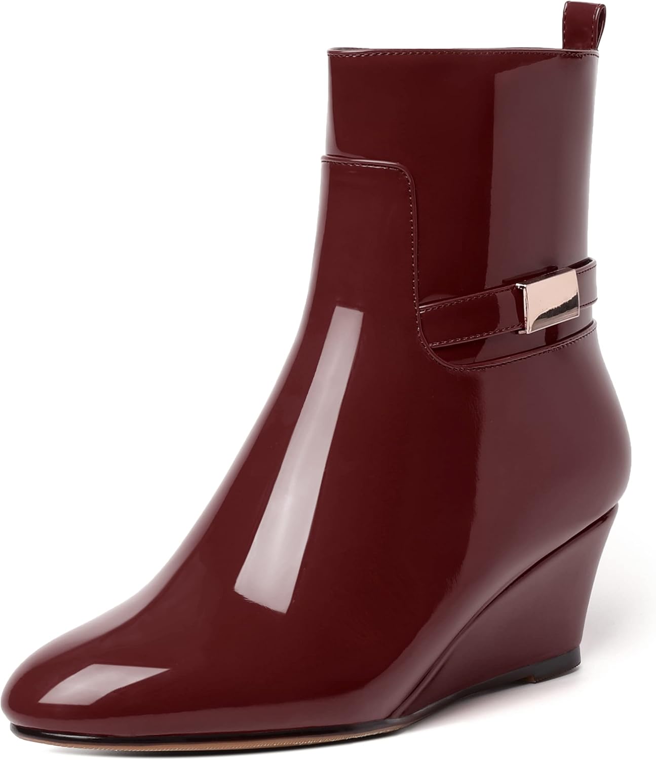 WAYDERNS Womens Dating Round Toe Zip Patent Fashion Wedge Low Heel Ankle High Boots 2 Inch