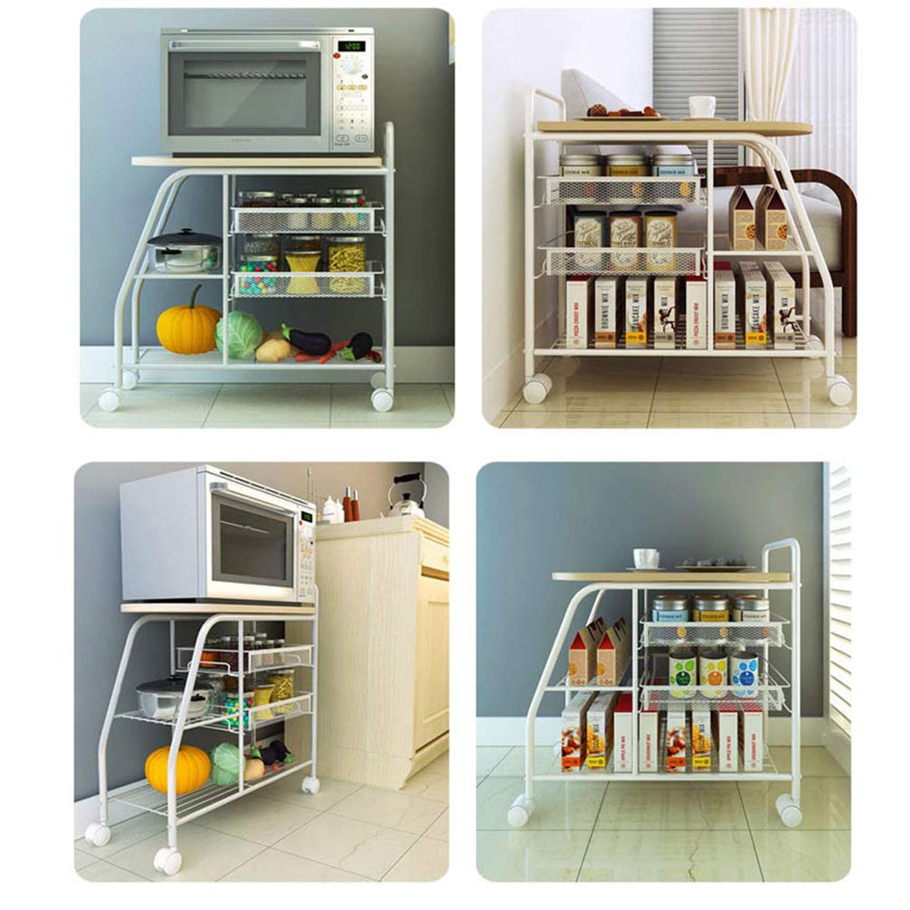 ZYFA Carrello Cucina Servizio,Scaffale Portaoggetti Mobile per Forno a microonde,Portaoggetti Multiuso, Salvaspazio Rete Metallica Contenitori, in Legno Robusto Rotolamento,4 Ruote Girevoli