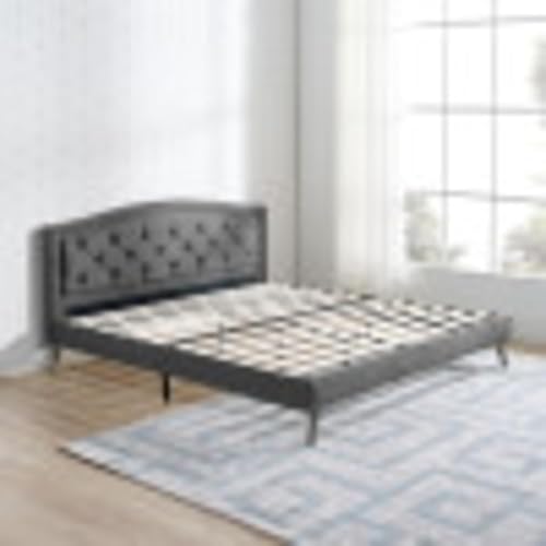 Classic Brands Coventry - Cama de metal con cabecera tapizadaSoportes de tablones de madera, matrimonial, gris claro