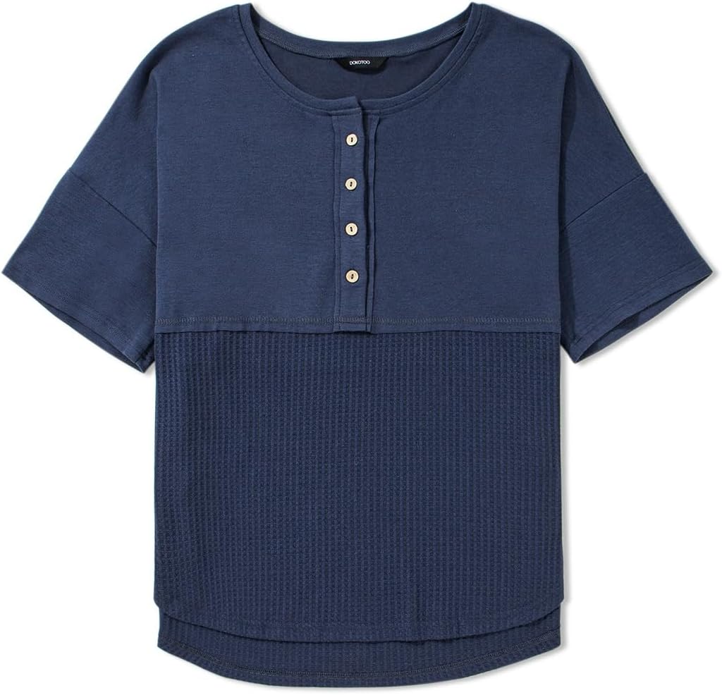 Dokotoo Womens Waffle Knit Tops 2026 Fashion 3/4 Sleeve Casual Button Down Shirts Crew Neck Oversized Patchwork Blouses - Image 5