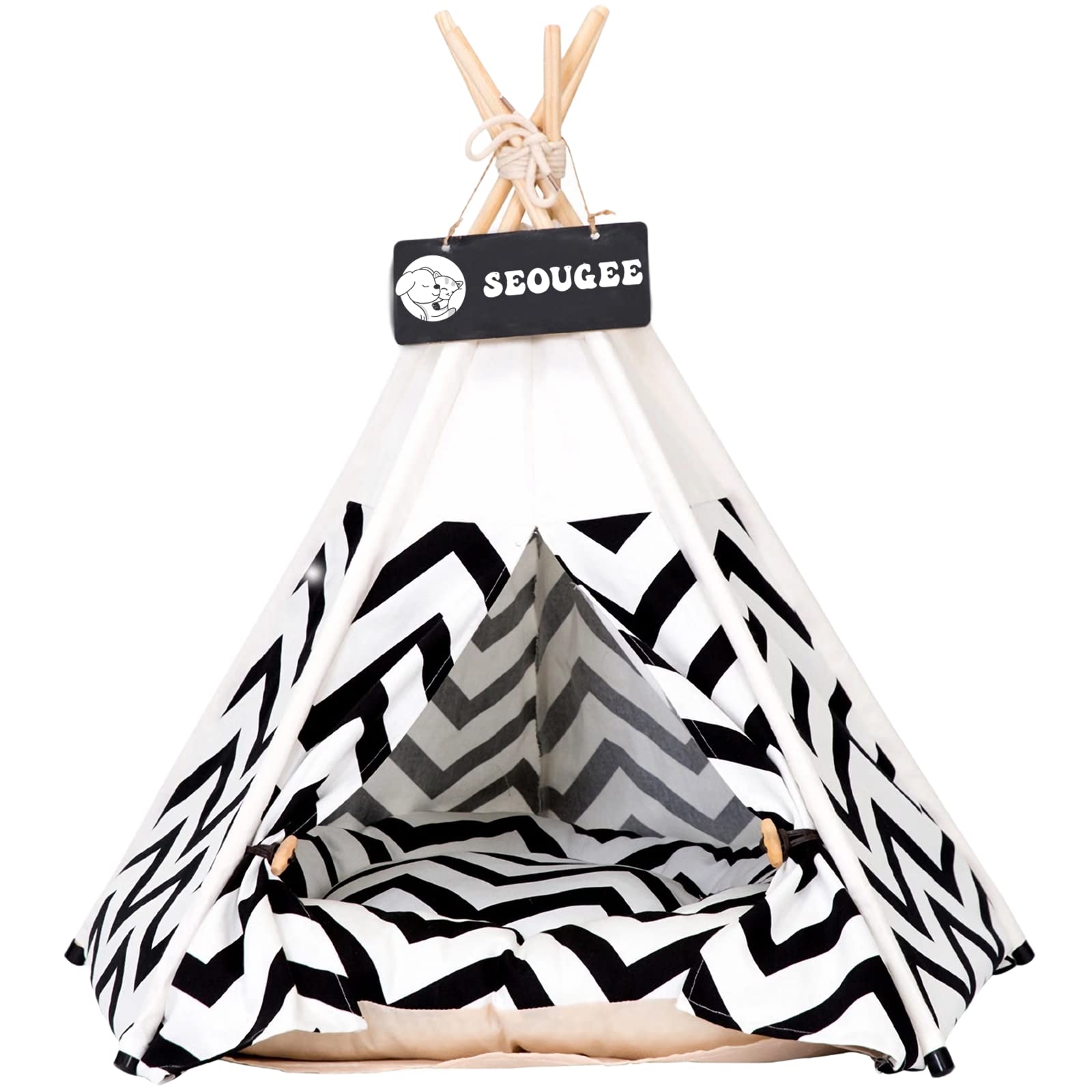 SEOUGEE Pets Teepee Tent for Dogs and Cats Washable and Removable Cotton Canvas Dog Bed and Cat House with Cushion Indoor and Outdoor Pet Kennel and Play House Portable and Stylish Tipi Design