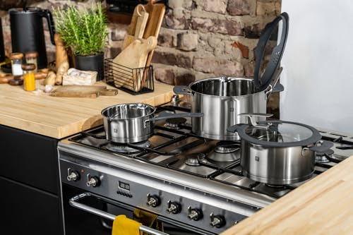 ZWILLING Simplify Kochtopfset, 5-tlg Set, Mit integriertem Sieb im Deckel, Glasdeckel, Silikongriffen, Induktionsgeeignet, unbeschichtet, Edelstahl, Silber-Schwarz