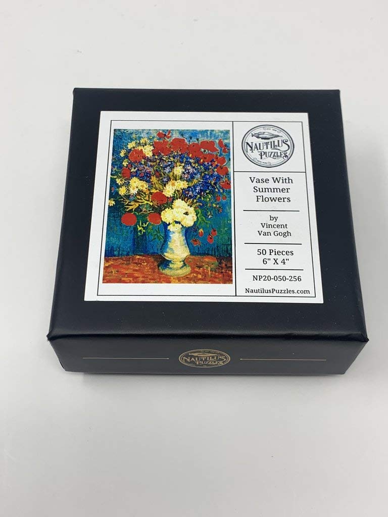 Mini Wooden Jigsaw Puzzle for Adults - Vase with Summer Flowers by Vincent Van Gogh, 50 Unique Wooden Pieces by Nautilus Puzzles - Image 3