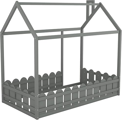 Miniatura 4 de MERITLINE Marco de cama de madera tamaño individual cama Montessori con barandillas en forma de valla para niños pequeños niños niñas y niños