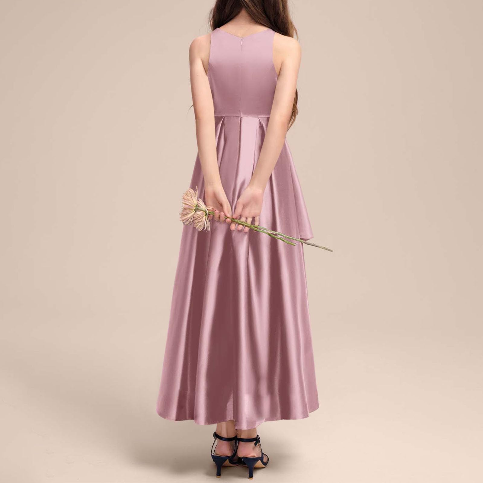 AMhomely Partykleider für Mädchen, lang, Satin, ärmellos, hoch niedrig, plissiert, unregelmäßiger Saum, elegantes A-Linien-Kleid für Tanz, Abschlussball, formelle Ballkleid, Hochzeit, Geburtstag, 4–14