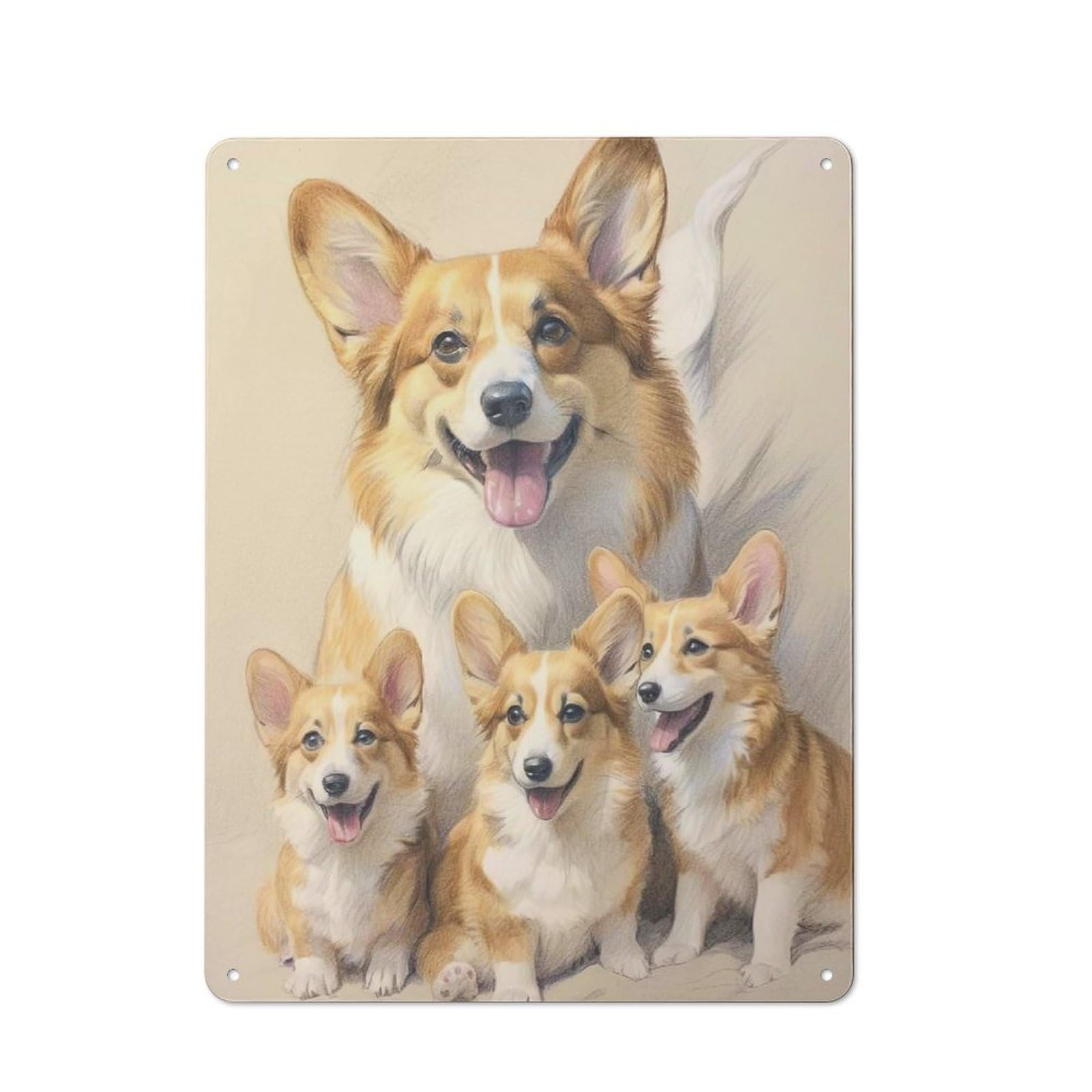 Junmoney Corgi Family Sketch Metal Plaque 40X30cm With For Pub Or Café, Rustic Decor, For Pub Decor Enthusiasts