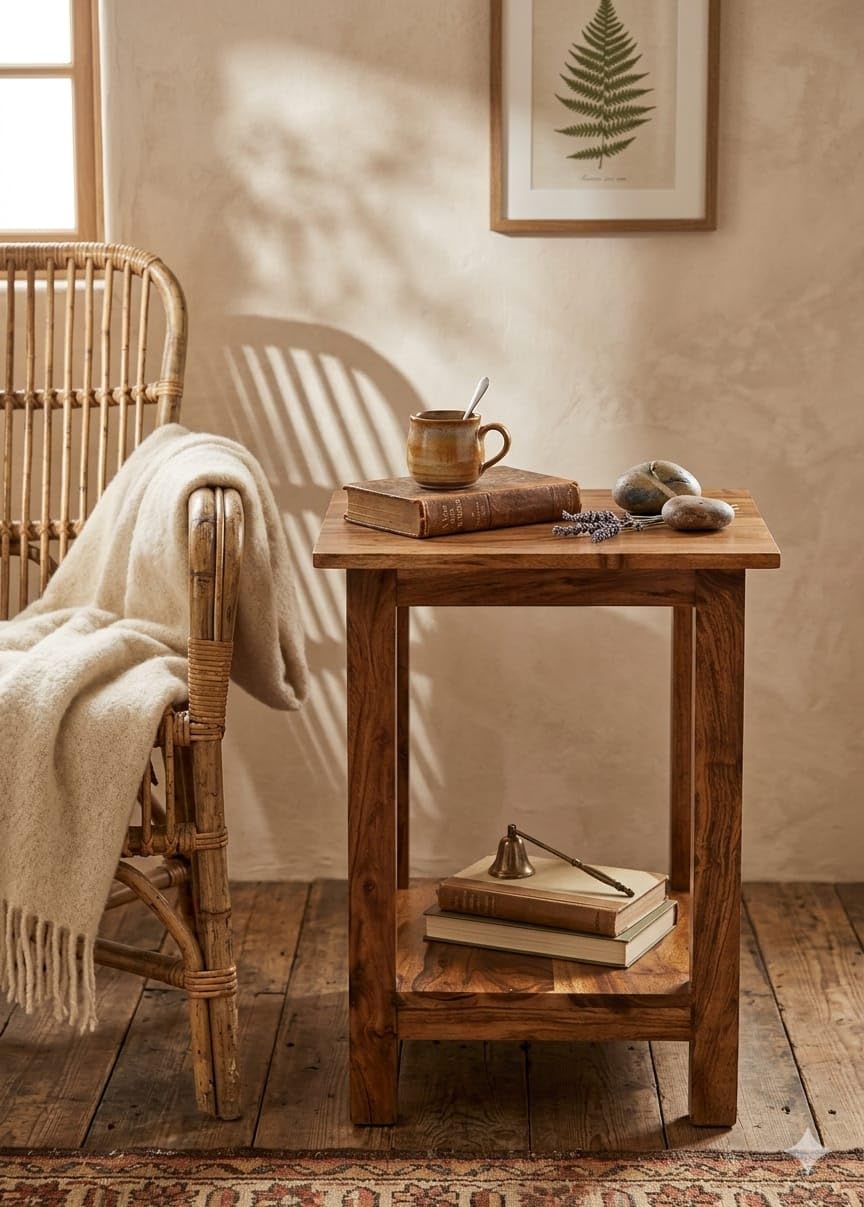 Solid Sheesham Wood Side Table, 35x35x60 cm, with Bottom Storage Shelf, Rustic Natural Finish, Compact End Table for Living Room and Bedroom-image-49