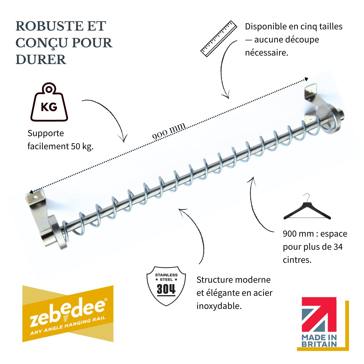 Zebedee Tringle à vêtements d'angle pour plafond incliné, armoire de grenier, rangement de grenier et porte-manteau en spirale sous les escaliers (900 mm)
