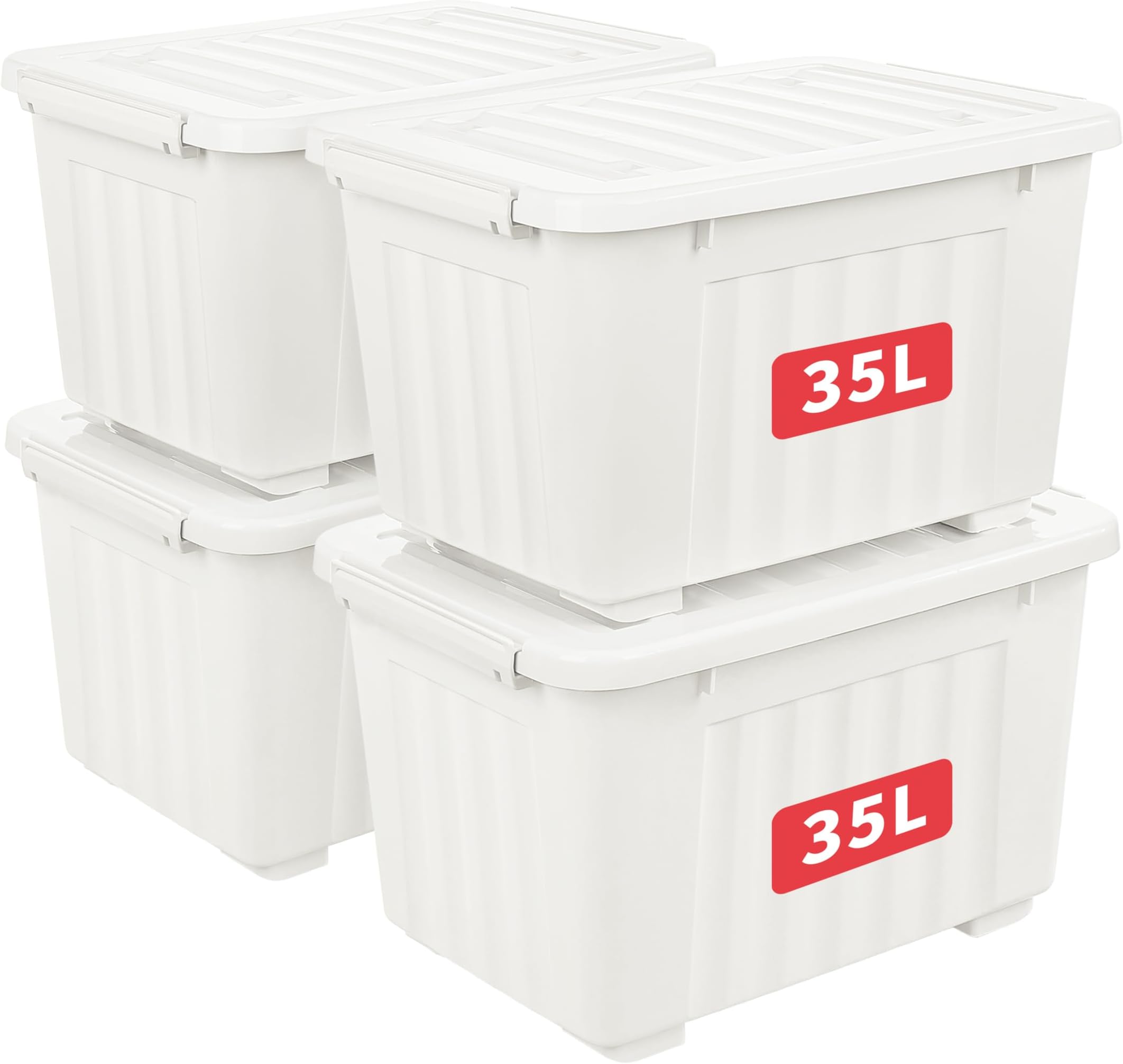 35L*4 Storage Boxes with Wheels, Plastic Storage Bin with Lid, Latching Buckles, Click Closure, Stackable, Nesting, Durable Organizer for Home Office Clothes, White, 35L-4 Pack