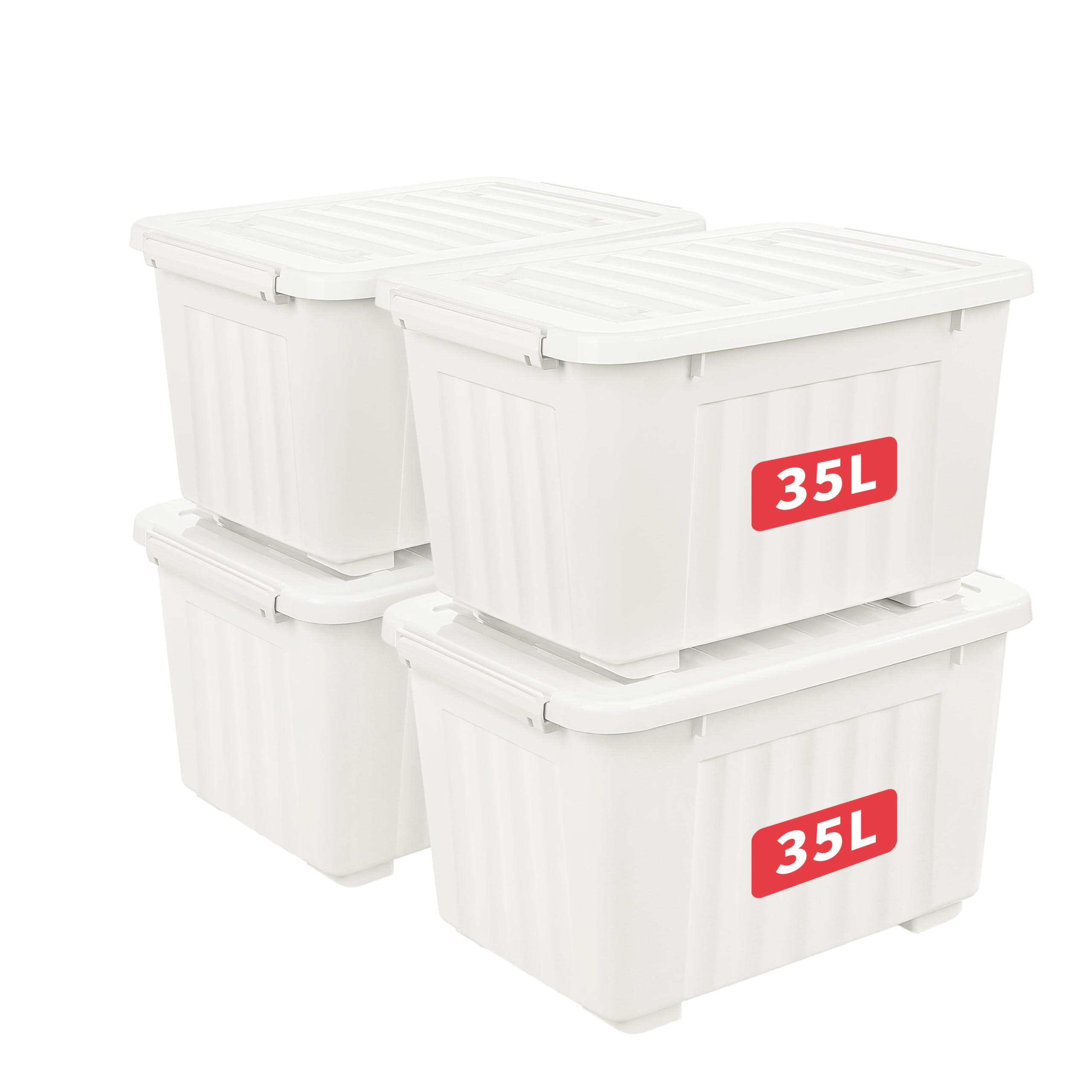 35L*4 Plastic Storage Box,White, Tote box,Organizing Container with Durable Lid and Secure Latching Buckles, Stackable and Nestable, 4Pack, with Buckle