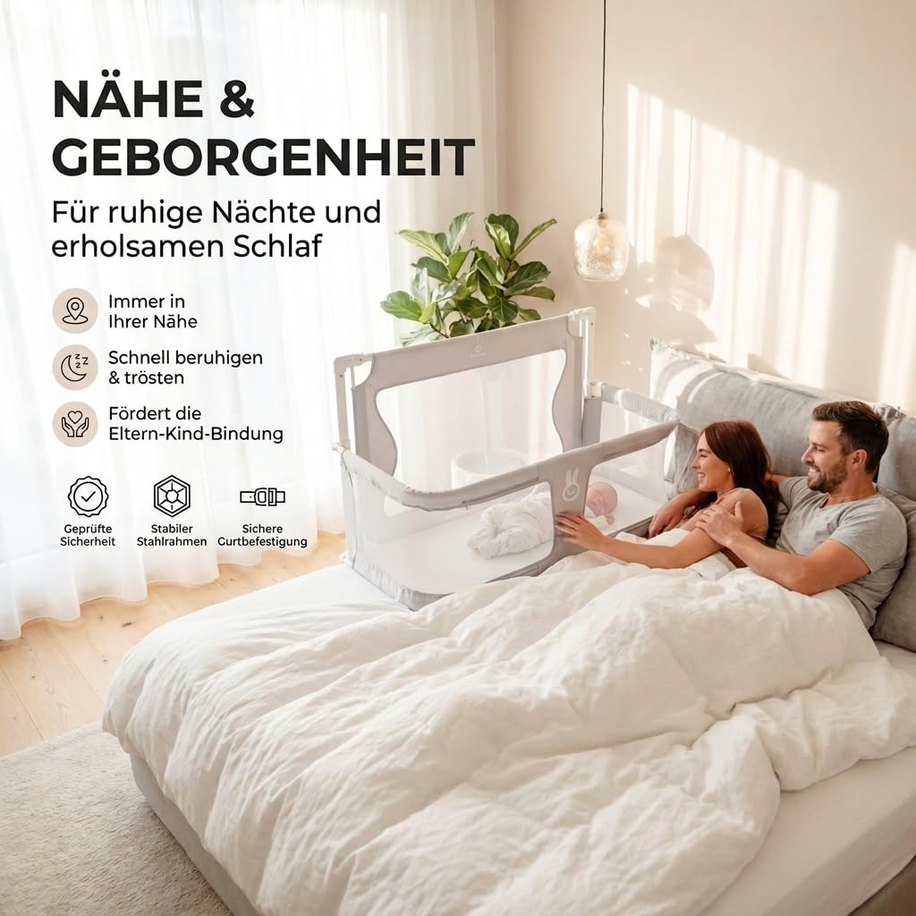 BabybeFun Beistellbett Baby [Stillen im eigenen Elternbett] Babybett für Boxspringbett und normales Bett mit Überrollschutz [Extra Sicher] Rausfallschutz Bett | Kinderbett Alternative