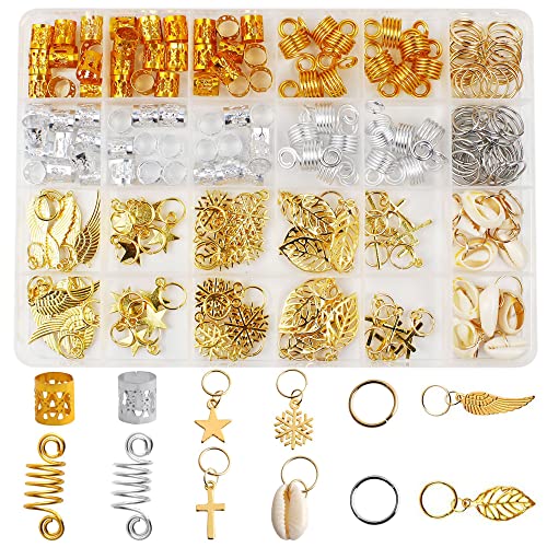 220 Stück Haarschmuck Dreadlocks, Braids Schmuck, Dreadlocks Schmuck, Hair Beads for Braids, Hair Rings mit Box, Metall, für Zöpfe, Haarverlängerungen, Dreadlocks Dekoration (Gold und Silber) Cover