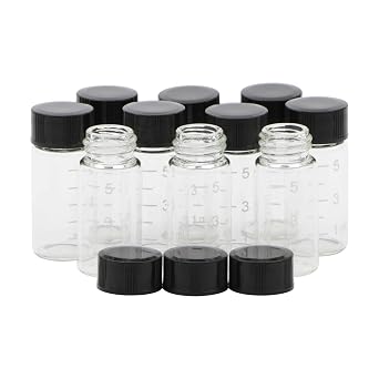 10pcs Mini Clear 5ml Glass Vials with Scale & Black Screw Cap | 1/6 Oz, Graduated Bottles, Transparent, Lab Travel Container