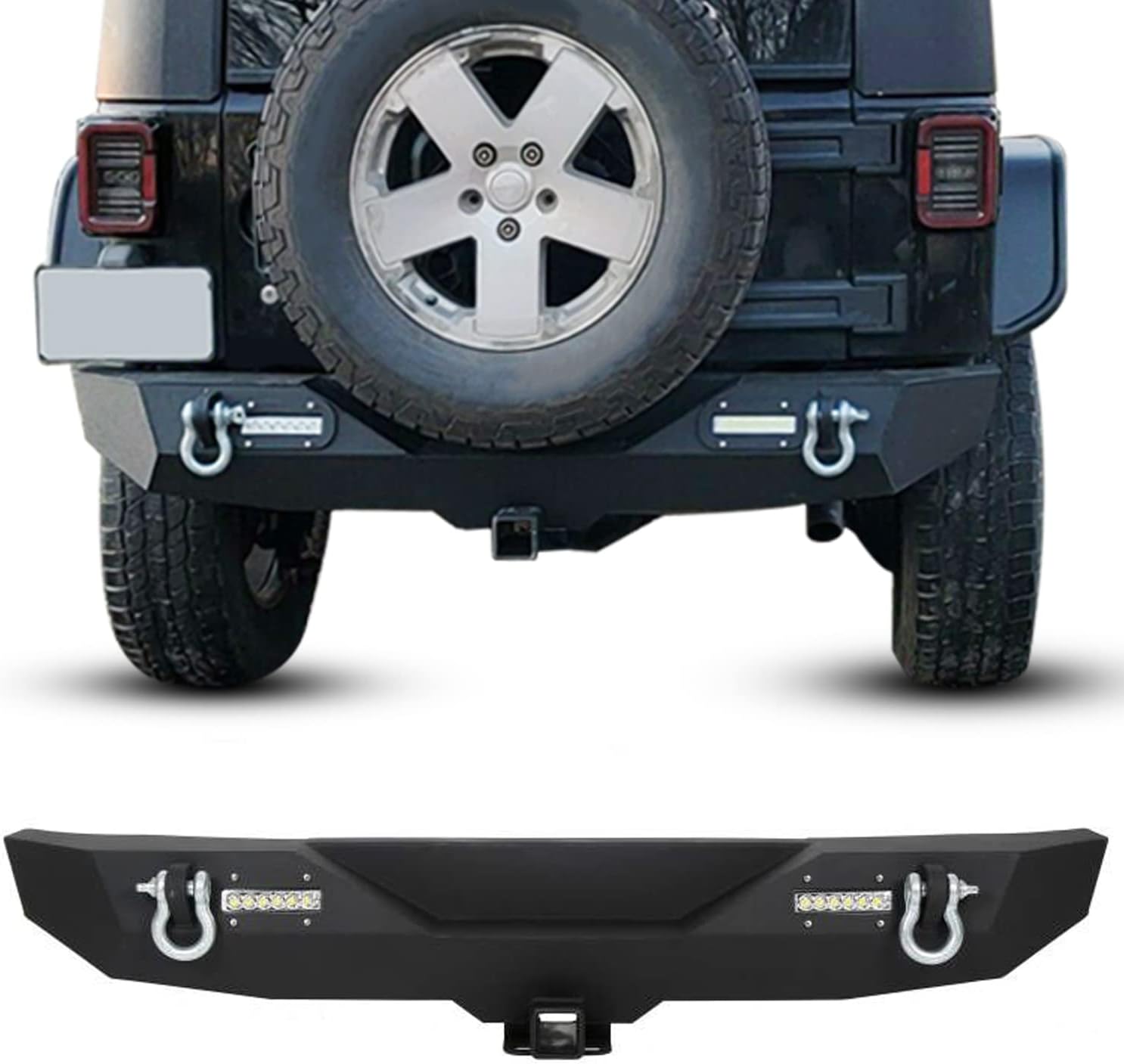 Rear Bumper Compatible with 2007-2018 Jeep Wrangler JK & Unlimited Rock Crawler Bumper w/2" Hitch Receiver, D-Ring, LED Lights (Textured Black)