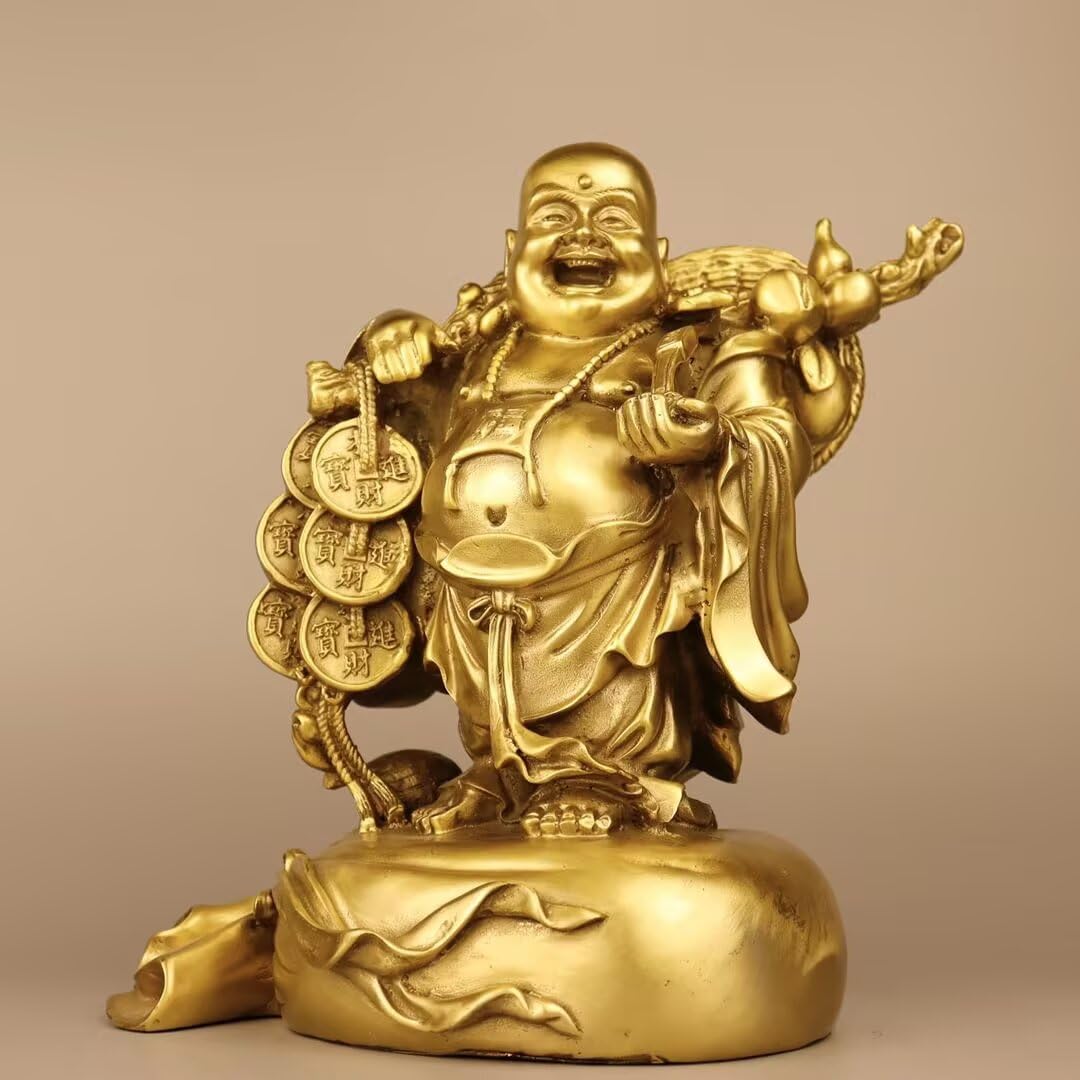 Dytartzx Pure Copper Laughing Maitreya Buddha Statue, Handcrafted Feng Shui Buddha Figurine for Home Office Meditation Decor,