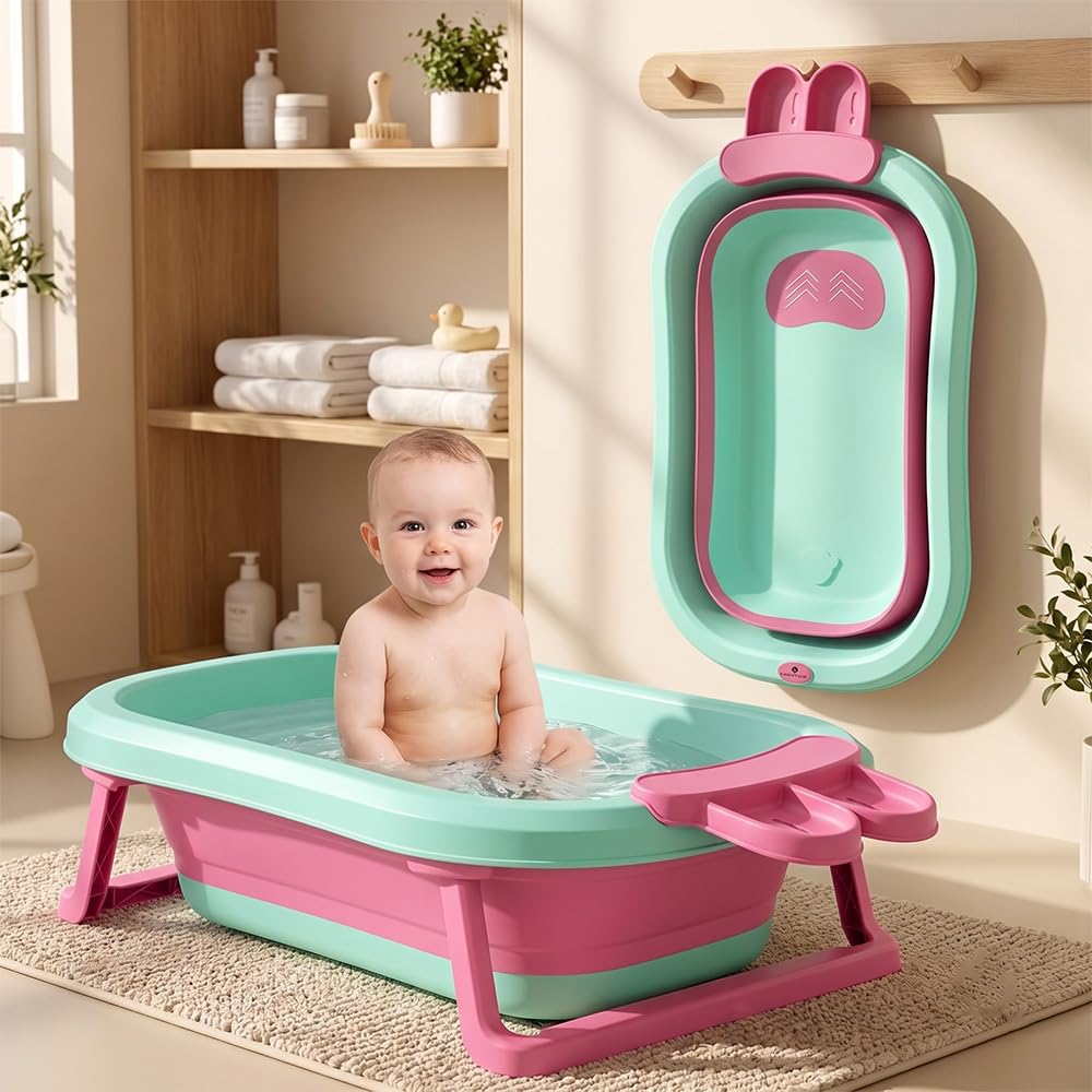 StarAndDaisy Bath Tub for Baby 0-5 Years/Foldable Legs Bath Tub for Kids | with Anti-Slip Safety Pad, Space Saving Design Newborn Baby Folding Bathing Tub Girls & Boys, Easy to Store - Green Pink