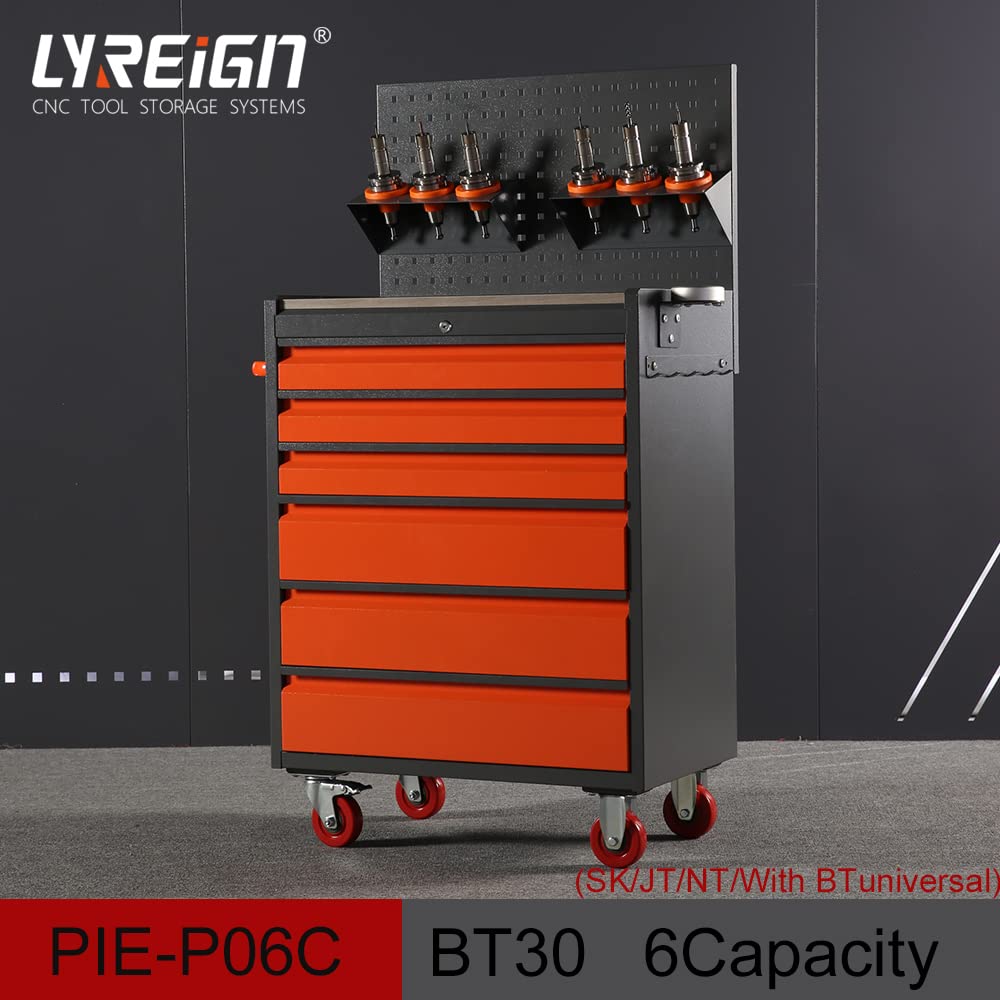 Carro de herramientas CNC, armario de herramientas con cajón, carro, gran capacidad de seis cajones con cerradura, rodante, BT30/40, HSK63 naranja y gris