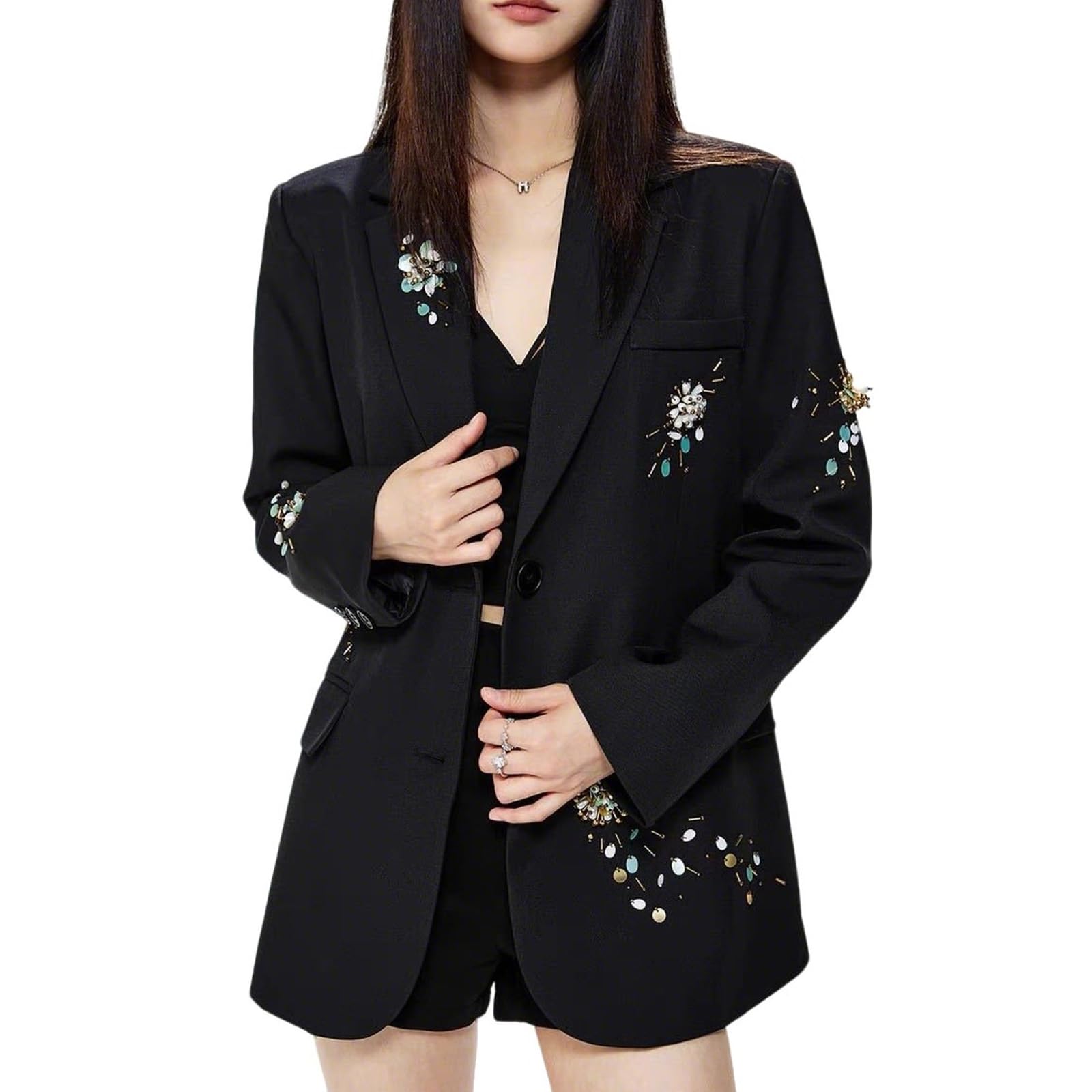 Womens Fashion Blazer Jacket with Embellished Beaded 3D Flower Elegant Lapel Button Loose Fit Casual Blazer
