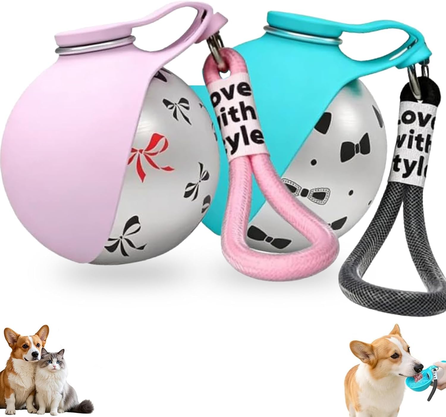 SANJSJHXJ Dog Drinking Bottle Portable - Water Bottle for Dogs on Walks, Stainless Steel Pet Dispenser with Foldable Silicone Bowl, pink with print + blue with print