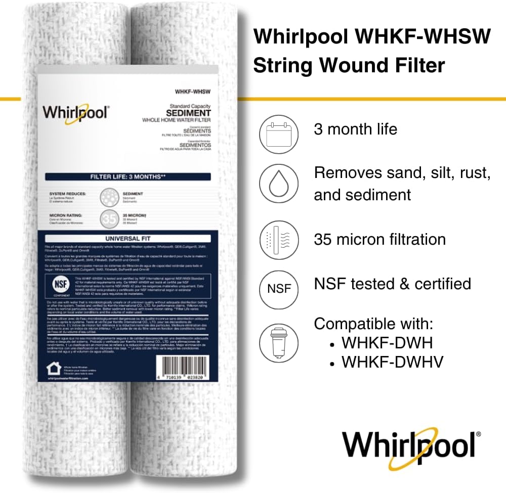 Whirlpool 35-Micron 10" x 2.5" String Wound Whole House Water Filters, NSF Certified Filtration Reduces Sediment for Well Water, WHKF-WHSW, 2-Pack
