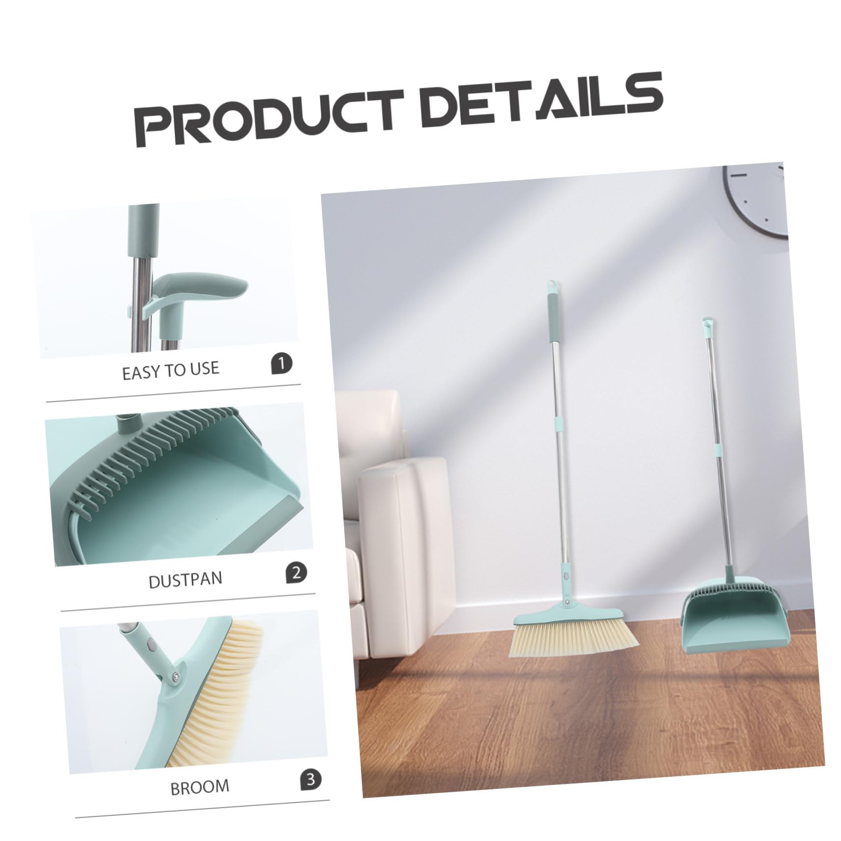 Escoba y Recogedor de Mango Largo Set de 2 Piezas Plástico y Acero Inoxidable Limpieza Efectiva para Hogar Fácil Debajo de Muebles
