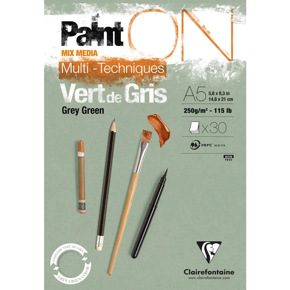 Clairefontaine 975704C - Bloc Papel de dibujo multitécnicas - PaintON - 30 hoja - Grano ligeramente rugoso - 100% celulosa - A5 (14,8 x 21 cm) 250 g - Verde gris