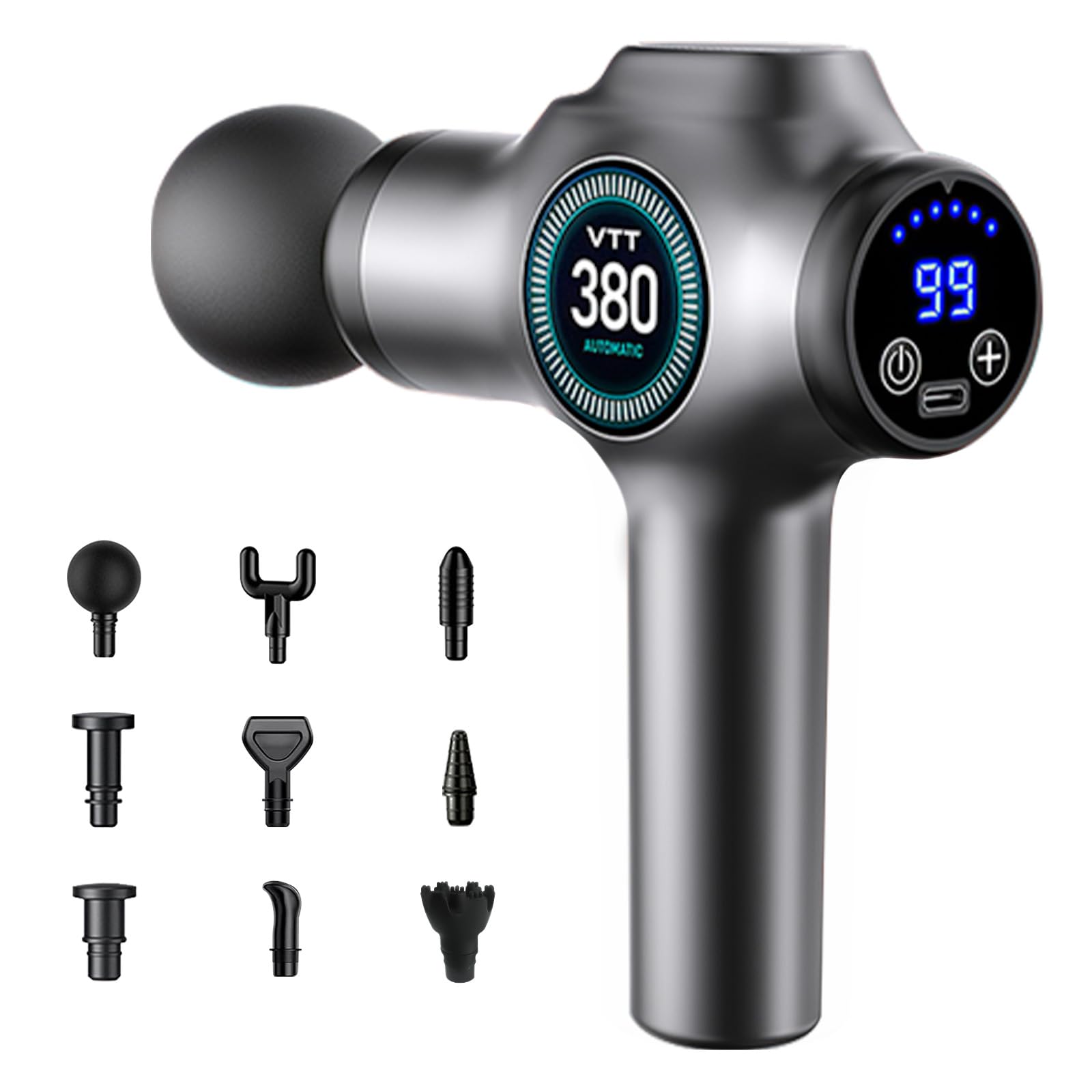 Pistola de Masaje, Muscular Pistola Masajeadora, Masajeadores Eléctricos de Mano con 99 Velocidades, 9 Cabezales de Masaje, Pantalla LCD Táctil Massage Gun de percusión de tejido profundo (gris)