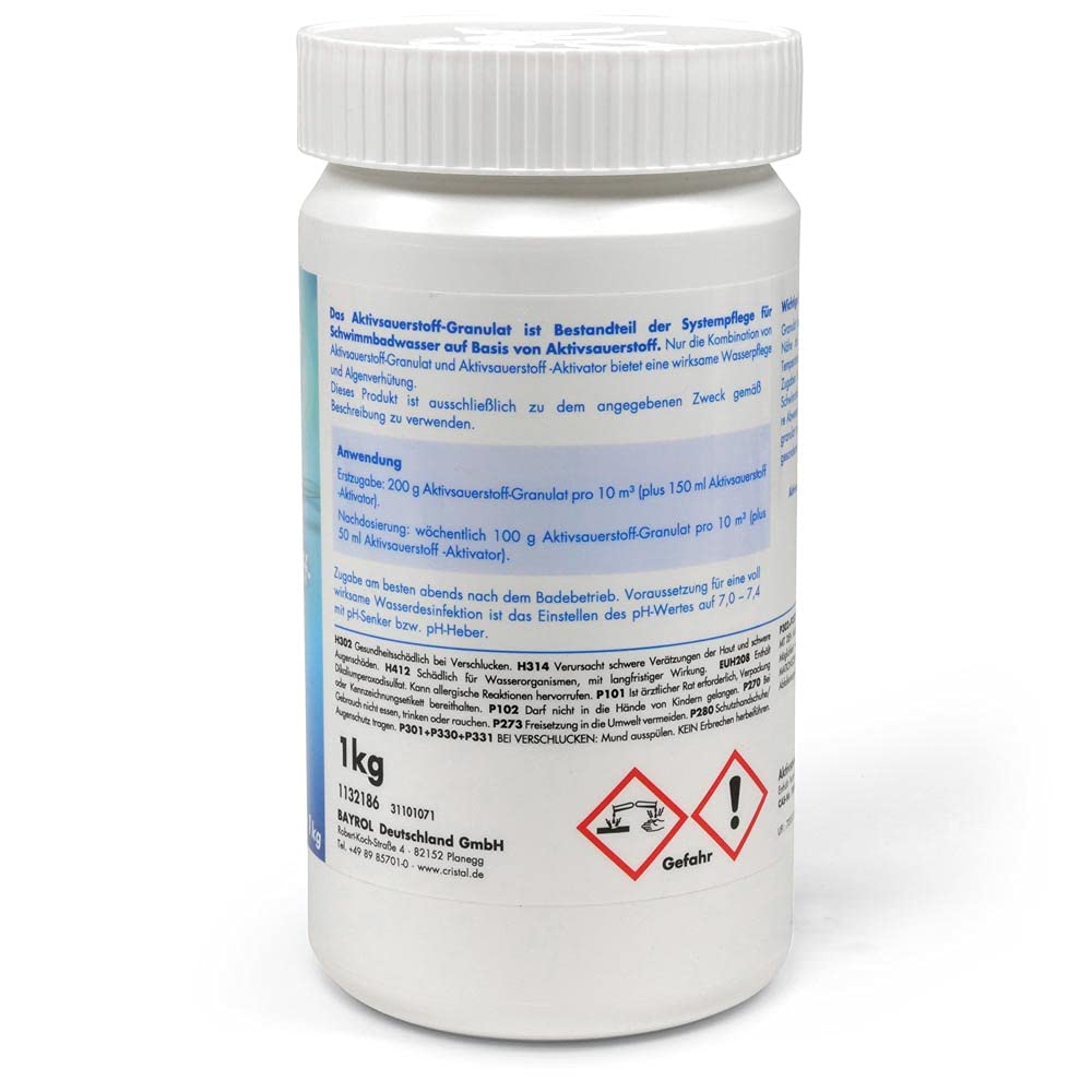 Cristal Körnig - 2X 1,0 kg Aktivsauerstoff Granulat + 1x 1,0 l Aktivsauerstoff Aktivator - MEGA-Spar-Set für die chlorfreie Wasserdesinfektion vom Pool