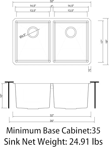 Miniatura 5 de Sinber Fregadero de cocina de 32 x 19 x 10 pulgadas con doble cuenco con acabado satinado de acero inoxidable 304 calibre 16 HU3219D-S-16G (solo