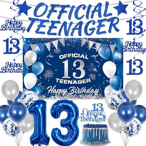 13. Geburtstag Deko Junge Teenager - 24 Pcs Blau Officaial Teenager Banner Happy Birthday Hintergrund Ballons HäNgende Wirbel Tortendeko für 13 Jahre Jungen Madchen Party Dekoration
