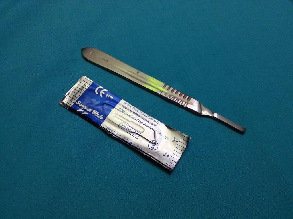 1 STAINLESS STEEL SCALPEL KNIFE HANDLE #4 WITH 20 STERILE SURGICAL BLADES #22 (HTI BRAND)