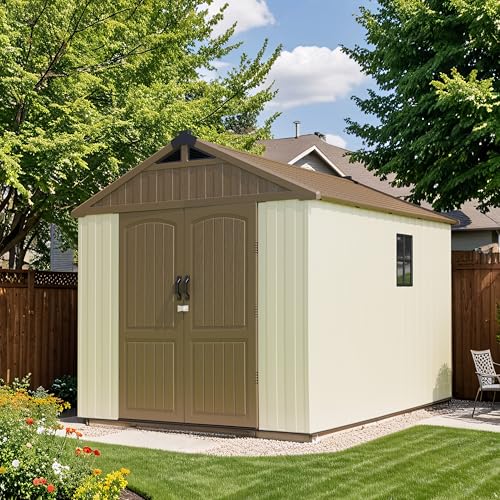 Patiowell 8 x 10 FT Resin Outdoor Storage Shed with Floor, Large Garden Tool Plastic Shed with Window and Lockable Door for Backyard, Tool Storage Use,Easy Installation, Brown (Kick-it Shed)