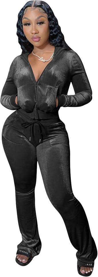Womens Y2K Velour Tracksuit 2 Piece Zip Up Hoodie Flared Pants Outfits