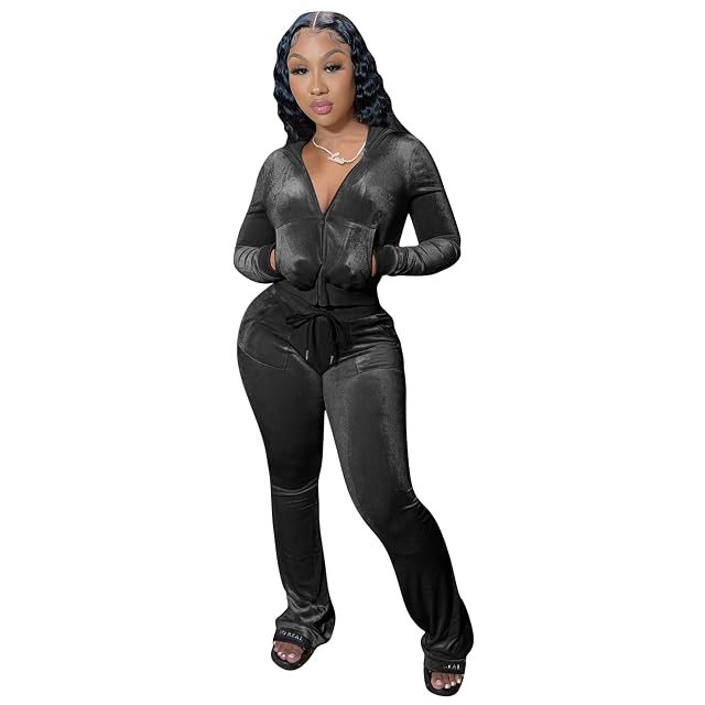 yidengymx Womens 2 Piece Velour Tracksuit Two Piece Outfits for Women Long Sleeve Zip Up Crop Tops Sweatpants