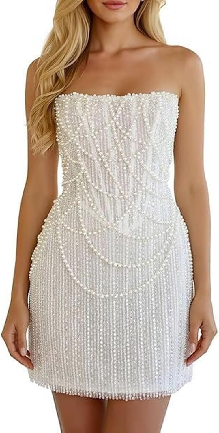 Short Pearls Sequin Prom Dresses 2026 for Women Strapless Formal Dress Sparkly Evening Party Gowns