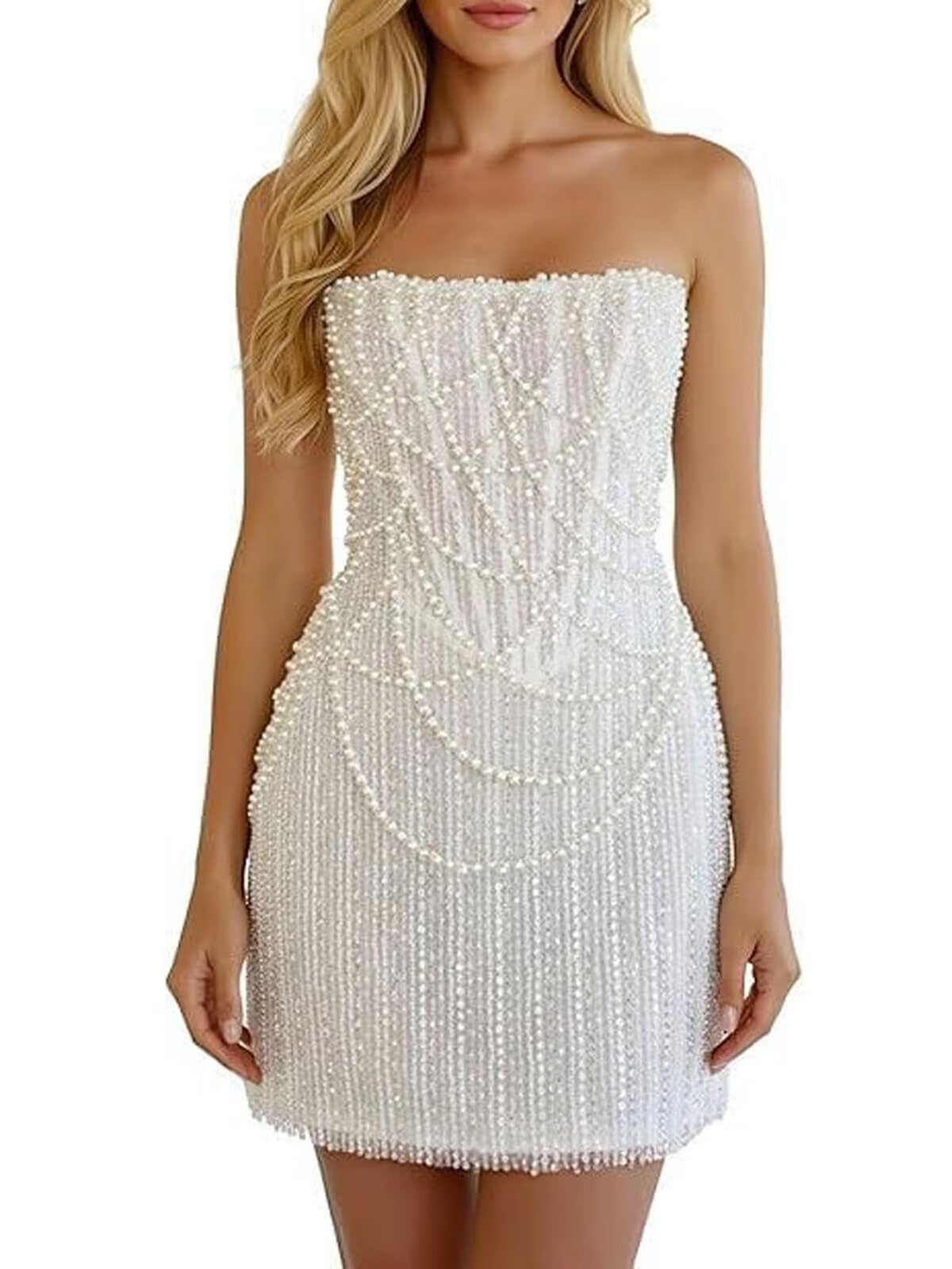 Short Pearls Sequin Prom Dresses 2026 for Women Strapless Formal Dress Sparkly Evening Party Gowns