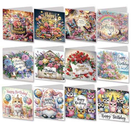 JBTM24 12 Packs Diamond Art Cards Kit Diamond Painting Greeting Cards with Envelopes DIY Card Making Kits for Adults Gifts for Families Friends Partners (Birthday)