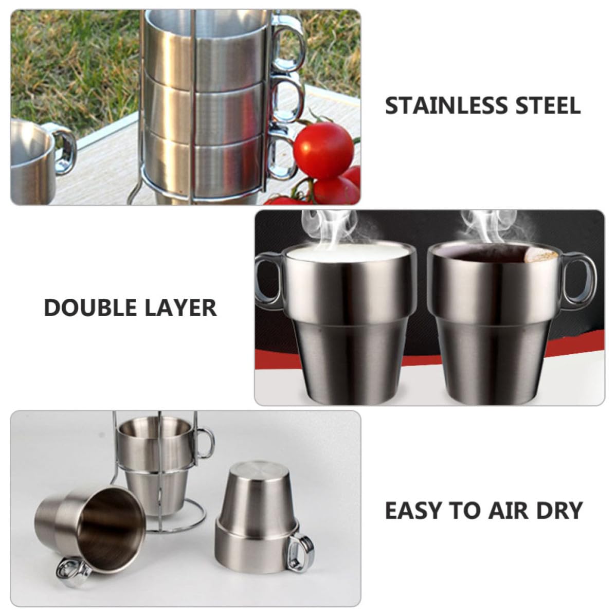 Edelstahlbecher 4 Stück Doppelwandig Isoliert mit Ständer Outdoor Kaffeetasse Campingbecher Hitzebeständig Stapelbar für Unterwegs