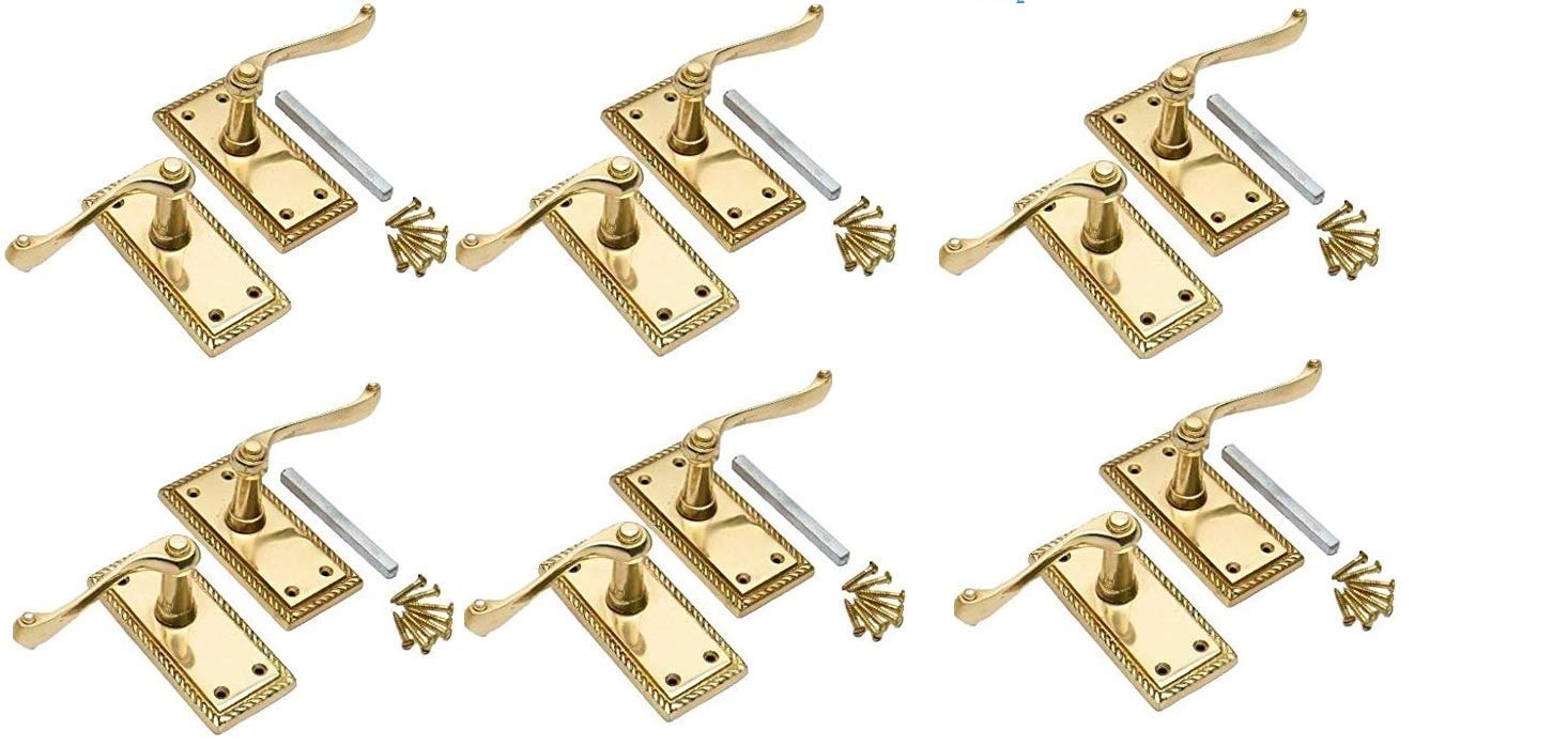 Jiyo.Outdoor 6 x Sets Pairs of Georgian Roped Edge Lever Latch Door Handle Polished Brass 107mm x 48mm