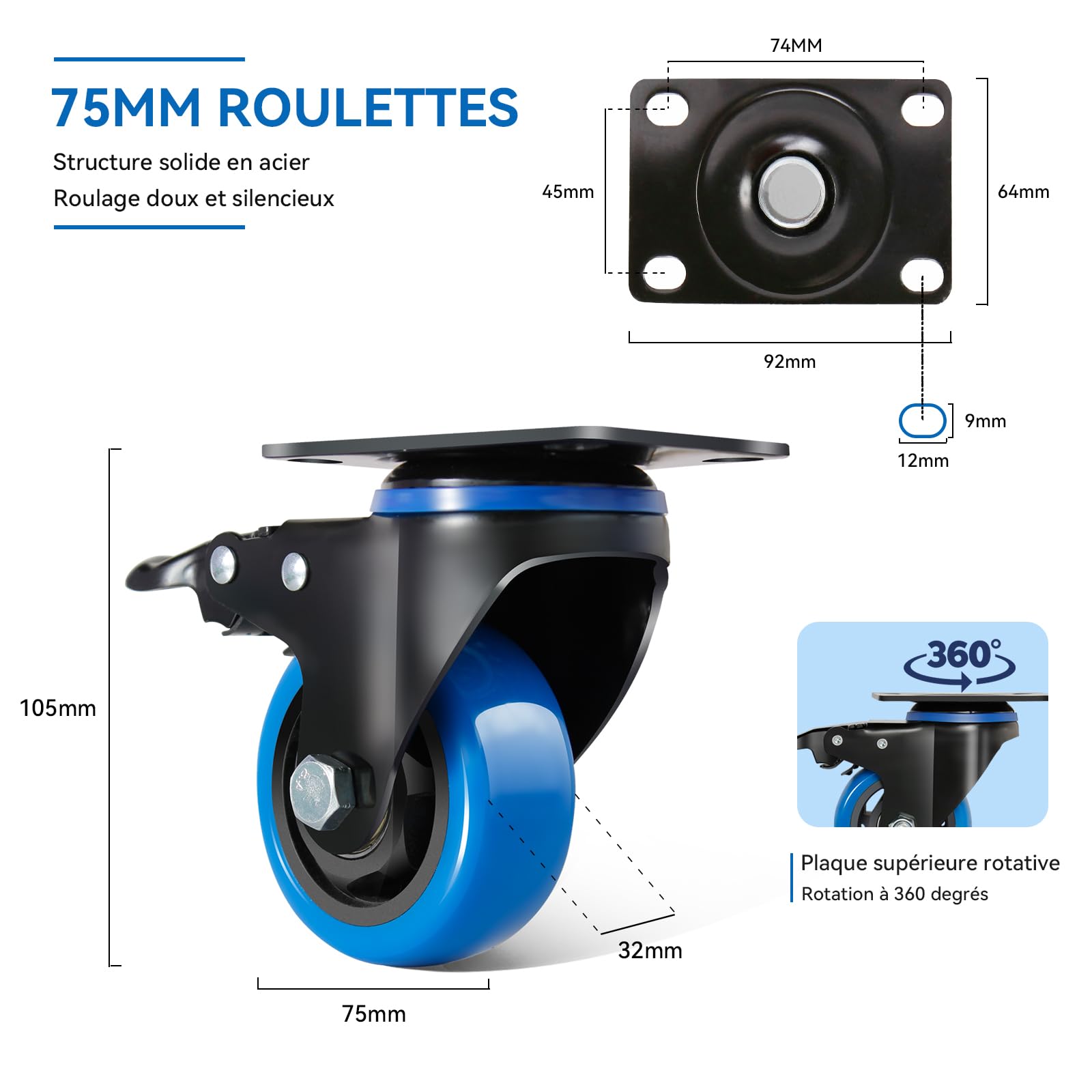 Lot de 4 Roulettes Pivotantes Bleues 75mm avec Frein - Charge Lourde 500KG, Rotation à 360 Degrés pour Meubles, Chariots et Établis